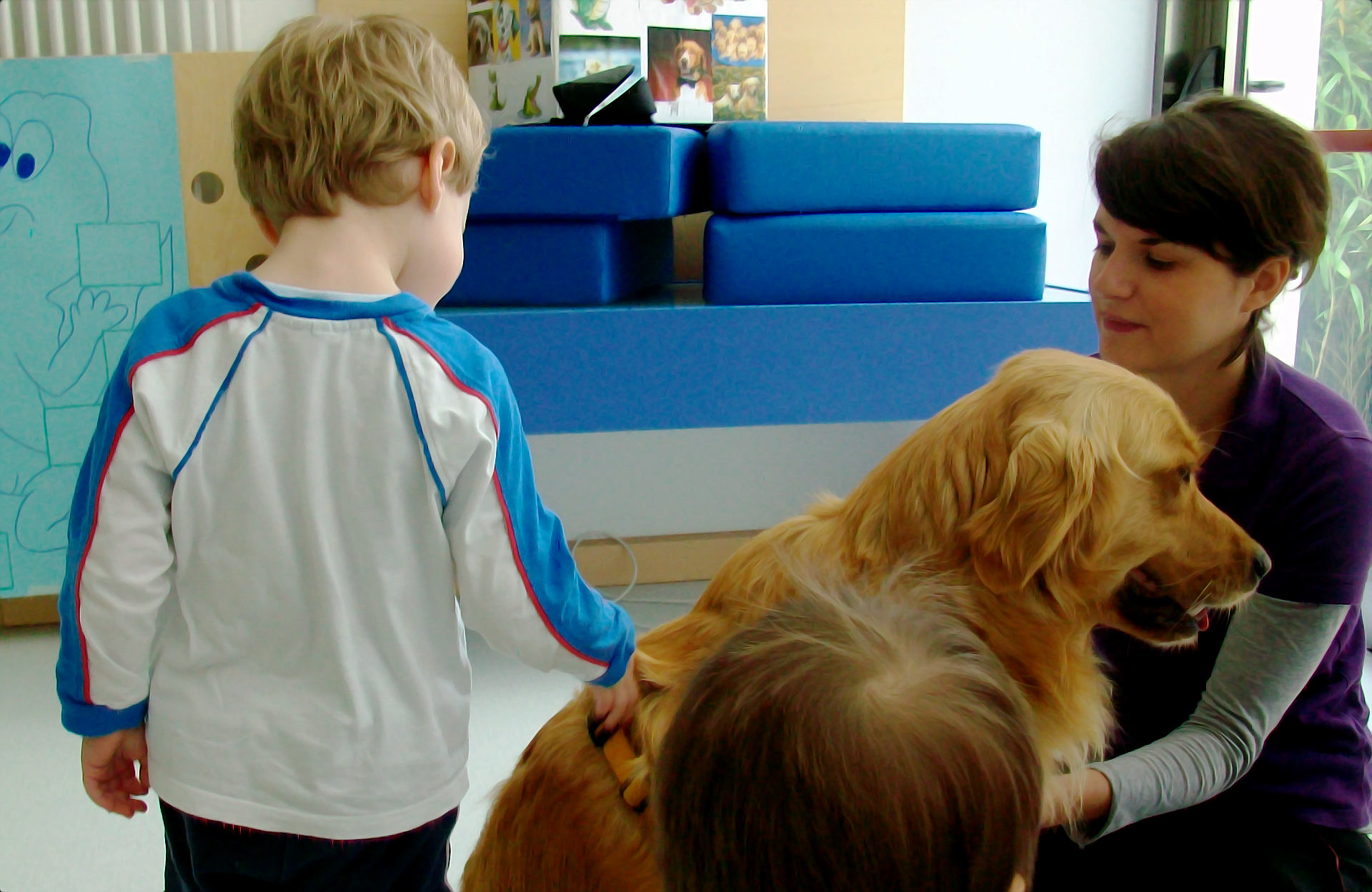 Seduta di Pet Therapy di un bambino con veterinario e labrador